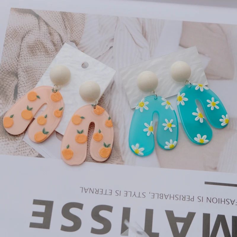 Acrylic U-shaped Drop Earrings Y2k Summer Style Cartoon Printing Fruit Series Cherry Orange Daisy Graphic Ear Jewelry for Girls