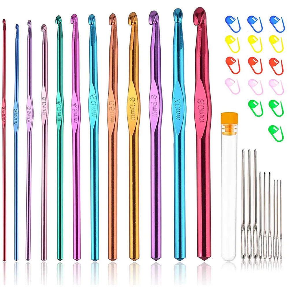 

D&D 38pcs Multicolor Aluminum Crochet Hooks&Large-Eye Blunt Needles&Stitch Markers 2.0-8.0mm Professional Crochet Needles Tool