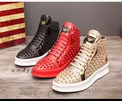 New Casual Shoes Mens Solid Rivets High Top Sneakers Bottom Flats Fashion Ankle Lace-Up Shoes Ankle Boots Zapatillas Hombre w28