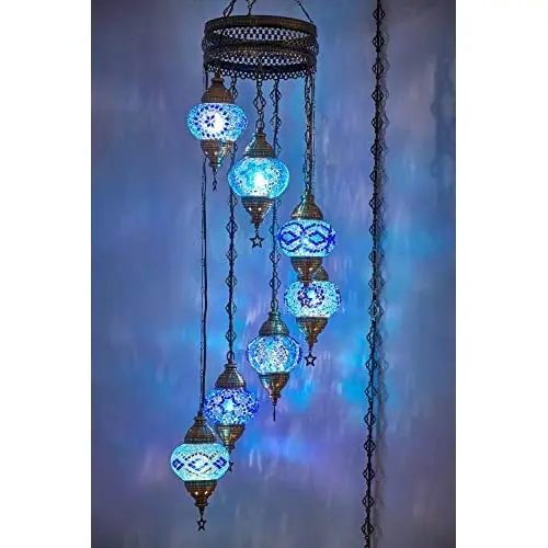 7 Globes Swag Plug in English Moroccan Mosaic Bohemian Tiffany Ceiling Hanging Pendant Light Lamp Chandelier Lighting with 15fee