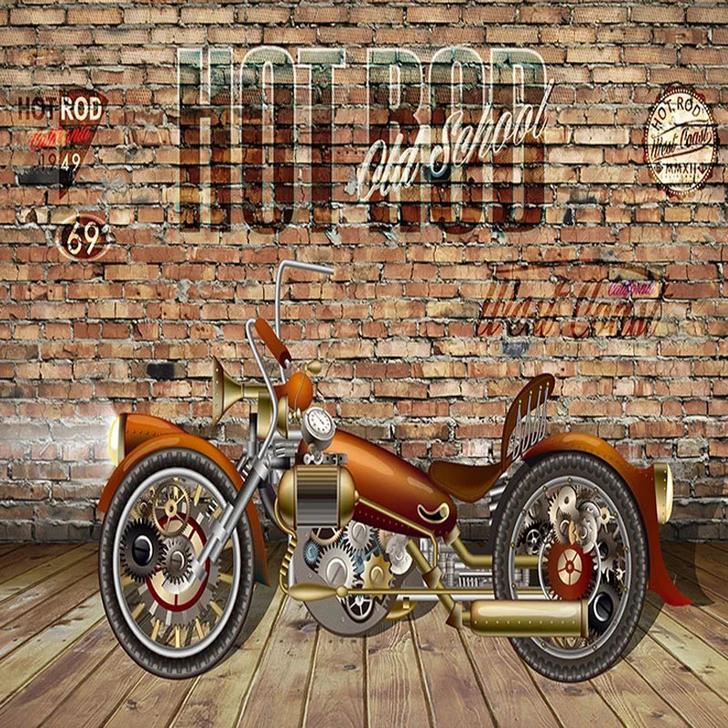 Custom Photo Wallpaper Retro 3D Stereo Motorcycle Brick Wall Mural Restaurant Cafe Background Wall Decor Papel De Parede Fresco