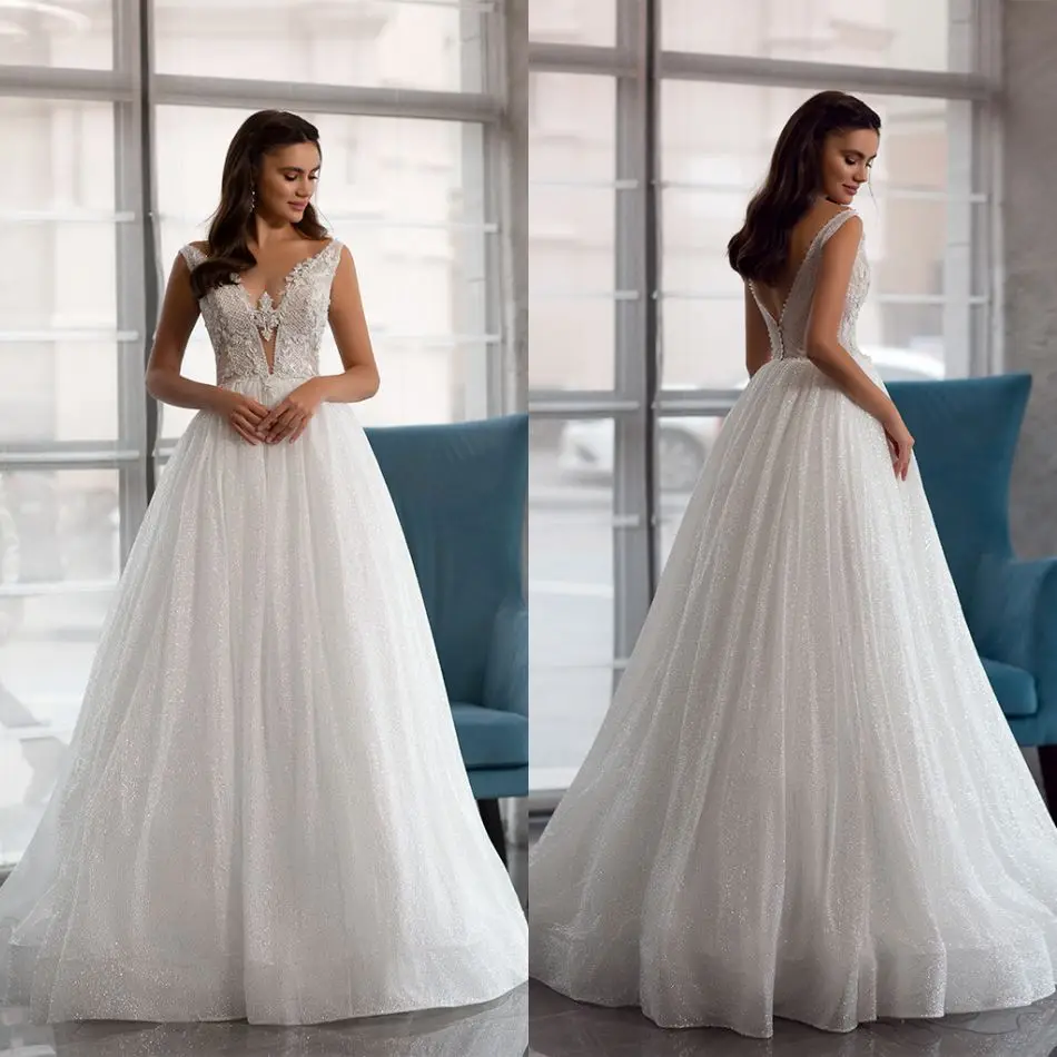 Elegant Wedding Dresses V Neck Sleeveless Lace Appliques Bridal Gowns Custom Made Backless Sweep Train A Line Vestidos De Fiesta