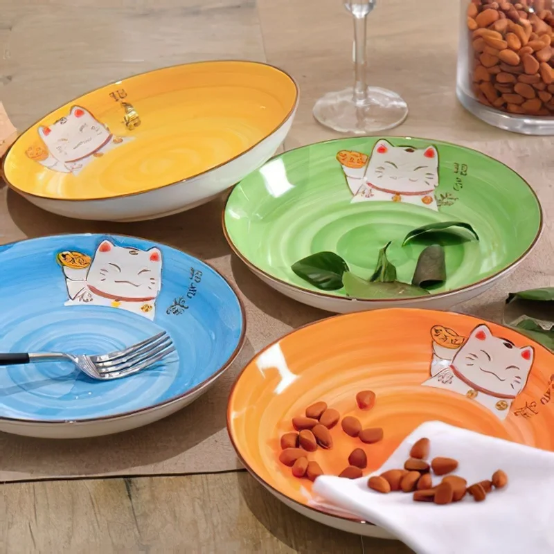 Ceramics Dish Japanese Creative Multi-color Cartoon Lucky Cat Round Ceramic Plate Kitchen Home Handmade Cartoon Dining Plate