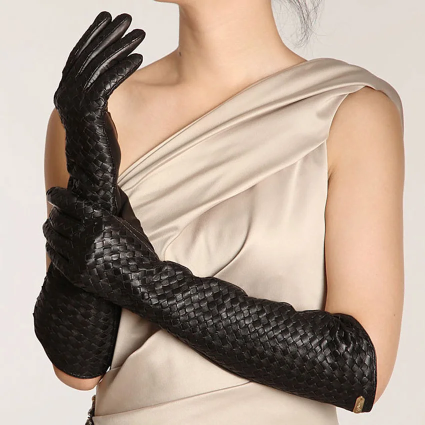 Women\'s Gloves Hand Woven Fashion Black Long Leather Gloves Real Leather Sheepskin Gloves Dance Party L108NN-1