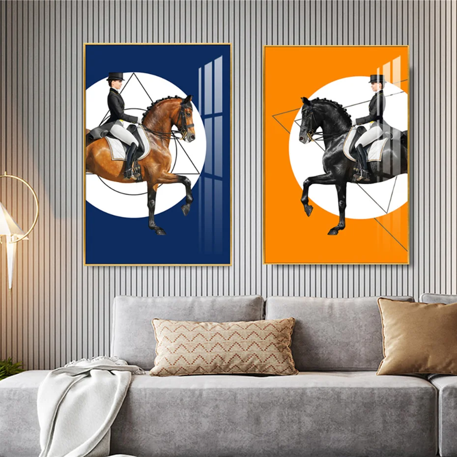 Modern Dressage Chevaux Horse Rider Blue Orange Posters Canvas Painting Wall Art Prints for Living Room Home Decoration