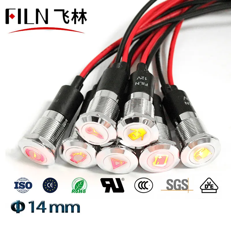 FILN 14mm panel hole led lights car applicance symbol indicator lights 24v  led red green  indicator light with wire