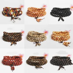 Multilayer 108 Wood Beads Lotus OM Bracelet Tibetan Buddhist Mala Buddha Charm Rosary Bracelet Yoga Wooden For Women Men Jewelry