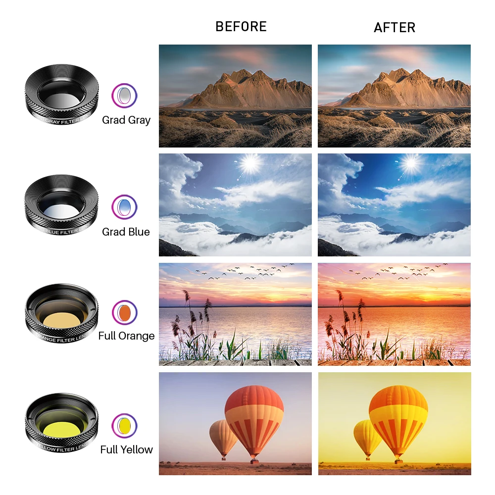 APEXEL Camera Phone Lens Kit Wide-angle Macro Lens Full Color/grad Filter CPL ND Star Filter For iphone Smartphone DG Series Kit