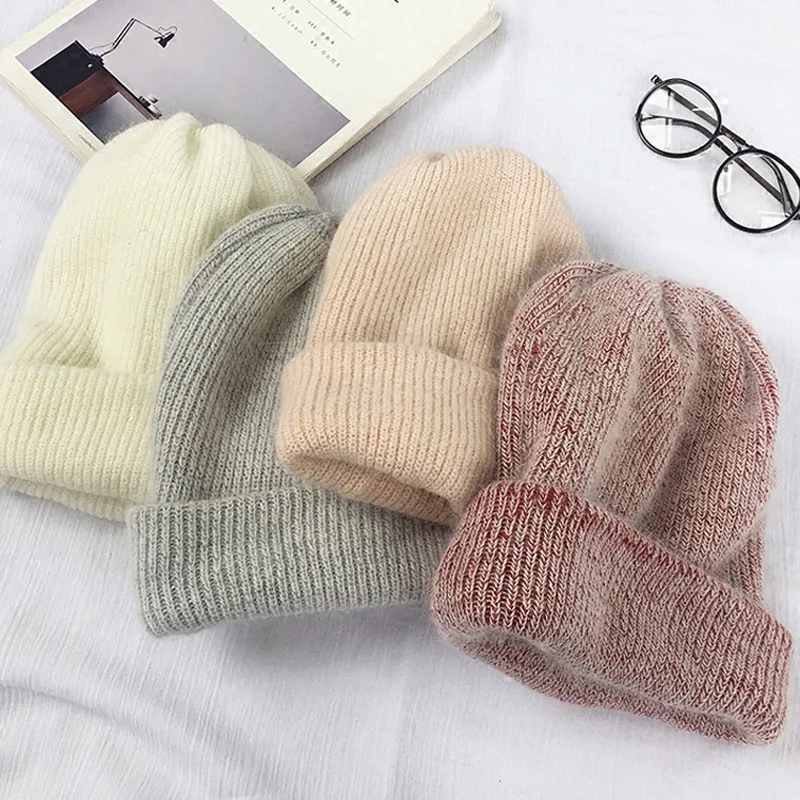 

H7491 Soft Adorable Angora Rabbit Fur Beanies Hat Women's Knitted Skullies Cap Winter Thick Warm Solid Color Comfortable Hats