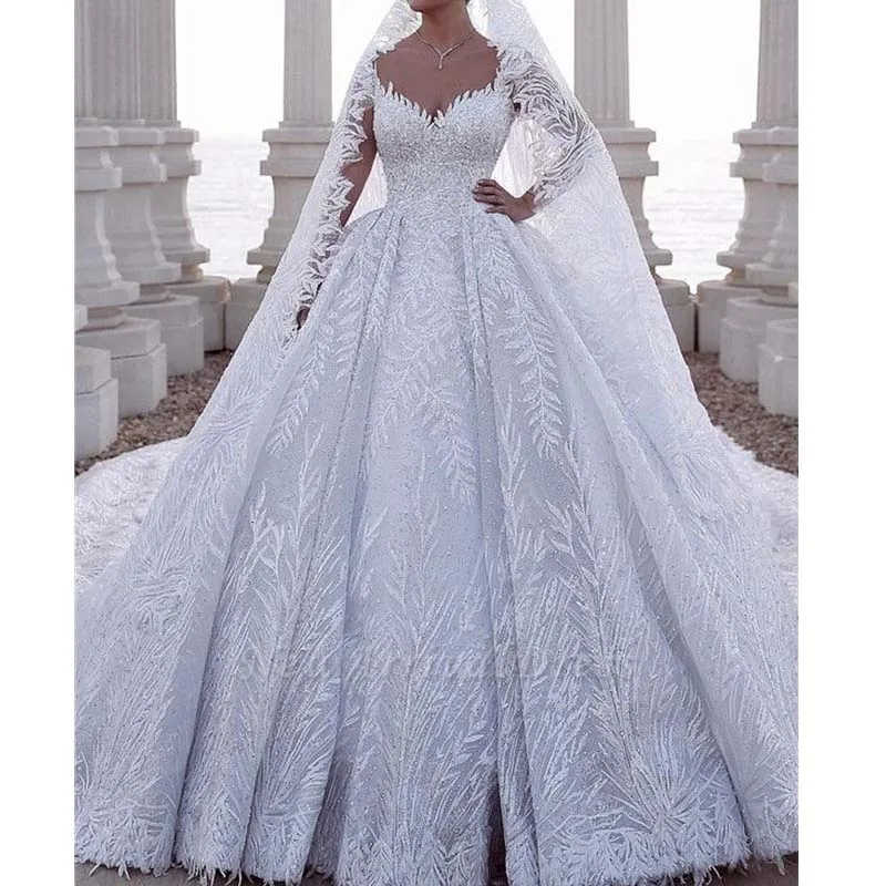 

Exquisite Dubai Lace Beads Ball Gown Wedding Dress Luxury Leaves Pattern Wedding Bridal Gowns Sexy V-Neck Bridal Dresses