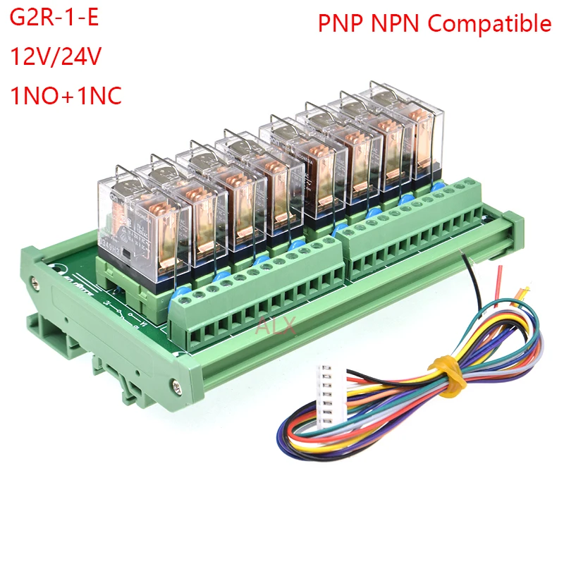 8 Channels 1 SPDT DIN Rail Mount G2R-1-E 16A 12V 24V DC Interface Relay Module PNP NPN compatible