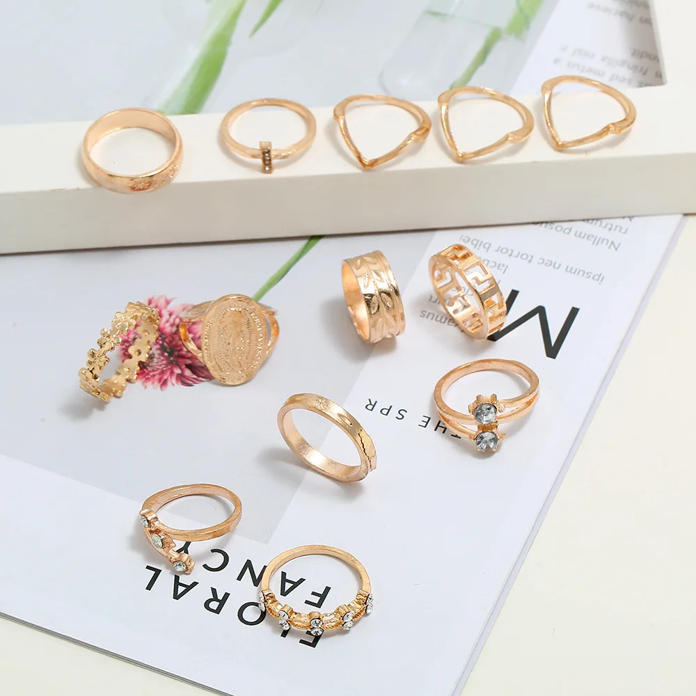 13 Pcs/set Retro Crystal Bohemian Geometry Flower Leaves Simple Pattern Joint Ring Set Women Wedding Anniversary Gift