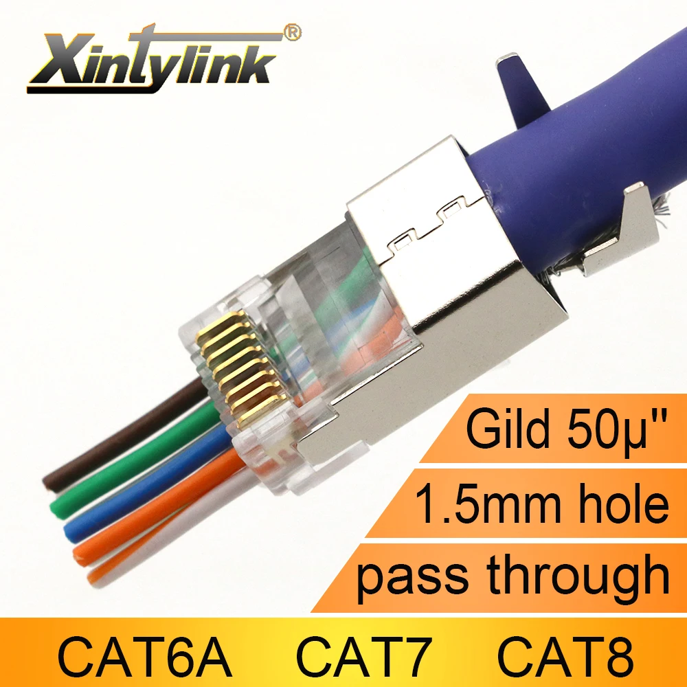 xintylink new CAT8 CAT7 CAT6A rj45 connector 50U RJ 45 ethernet cable plug network SFTP FTP shielded 1.5mm hole pass through