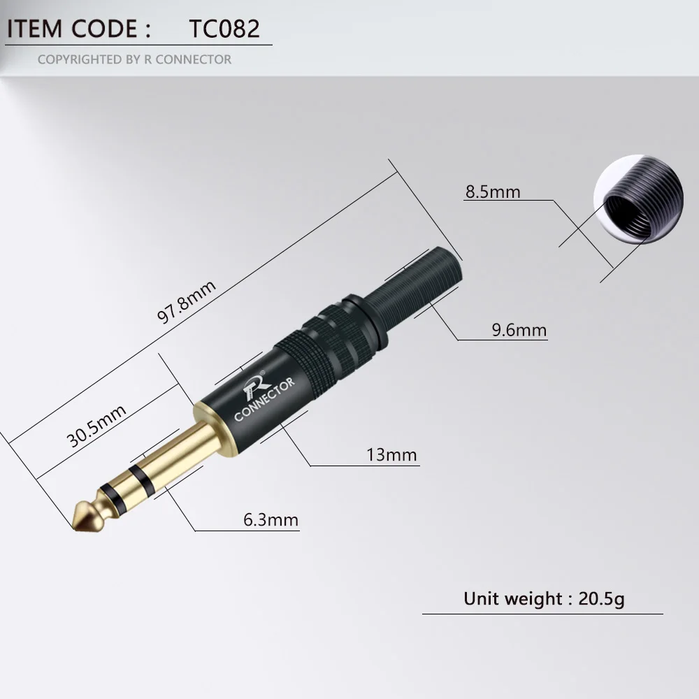 10PCS Stereo Gold Plated 6.35MM Audio & Video Plug Connector 12*1 6.3 Audio Jack Black Electrophoresis Plug Microphone Connector