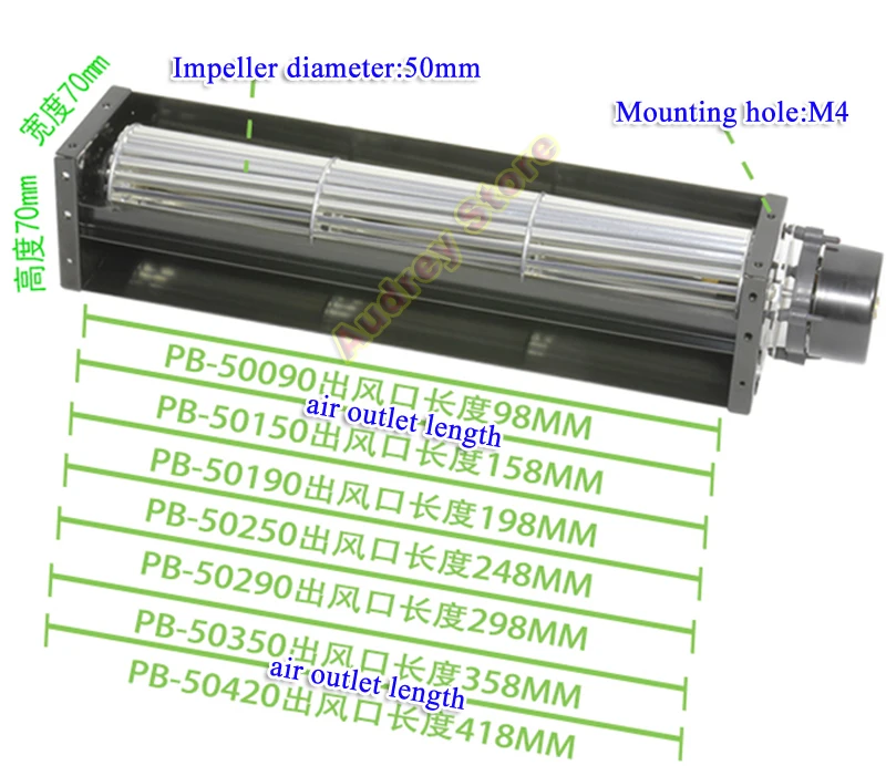 25Pa 31Pa 2100rpm 2600rpm PB50MM DC12V/24V Cross flow drum type silent large air volume fan air blower