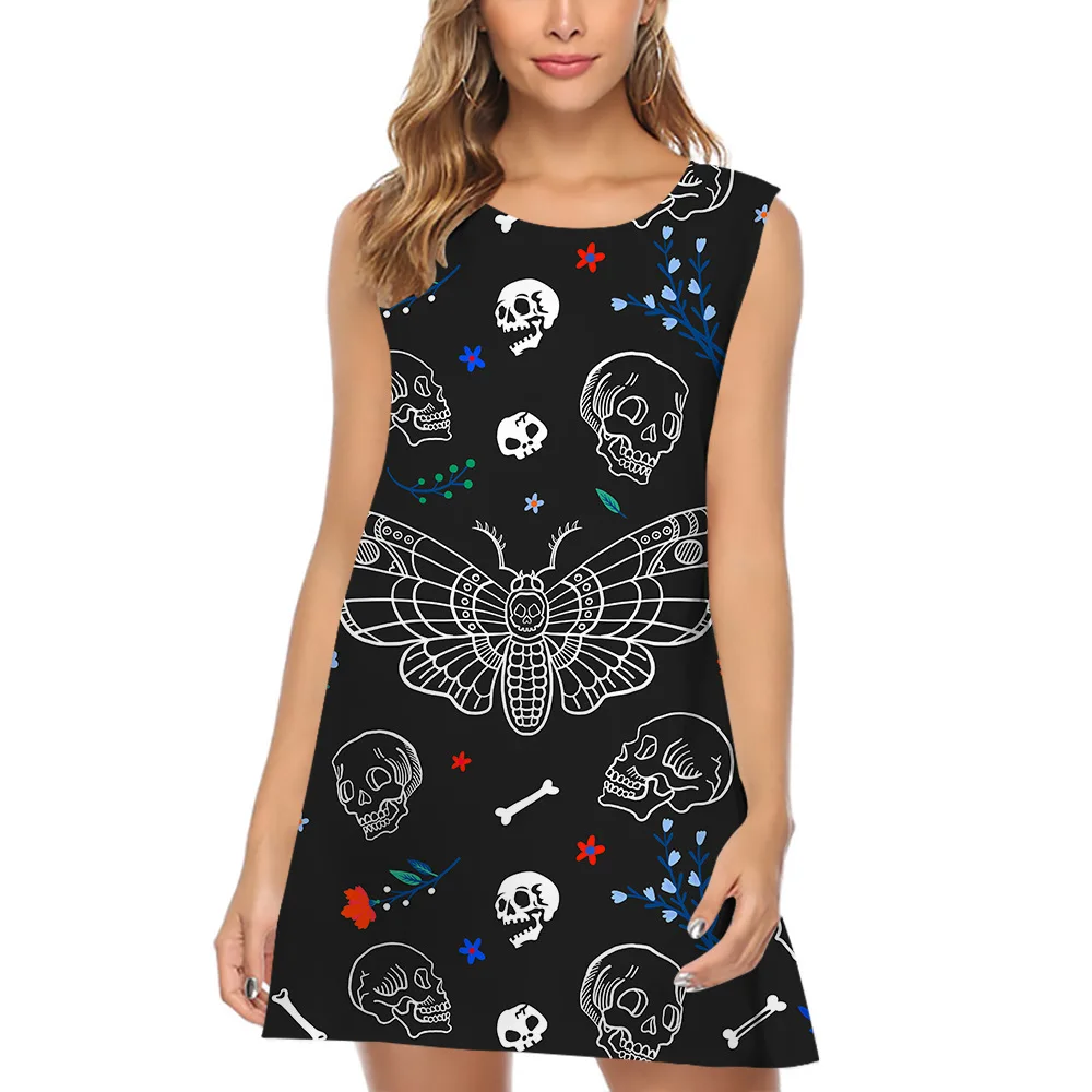 Vestido de verano con estampado Digital 3D para mujer, ropa informal holgada con estampado de calavera y mariposa, a la moda, para playa