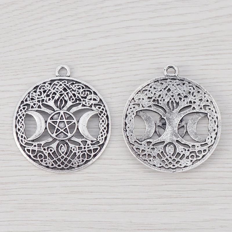 5Pcs Tibetan Silver Triple Moon Goddess Wicca Pentagram Magic Celtics Amulet Tree Charms Pendants for DIY Jewelry Making 35mm