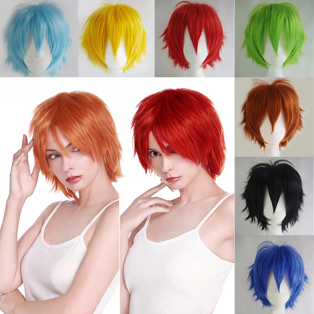 HAIRRO Kurze Cosplay Perücke Rot Rosa Blau Braun Weiß Grau Haar Perücken Synthetische Gerade Kostüm Perücke Für Weihnachten Party