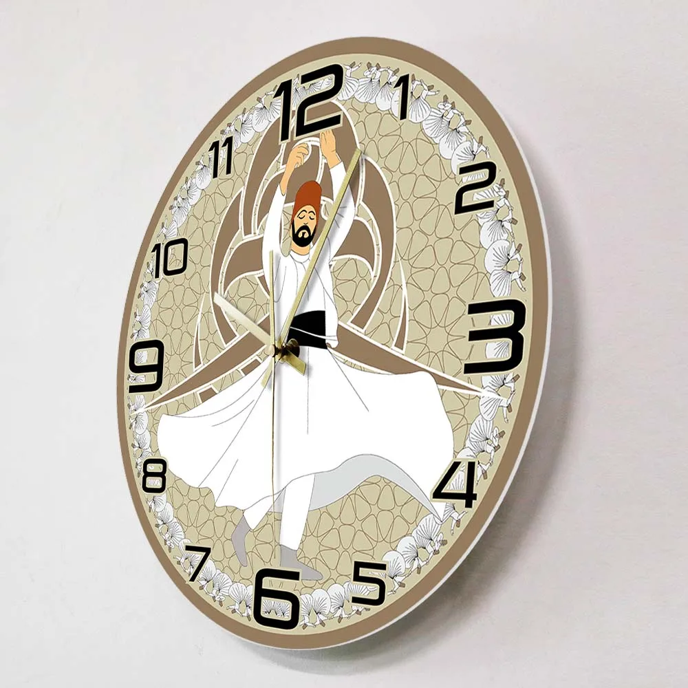 Whirling Dervish Sufi Religious Dance Silent Wall Clock Traditional Arabian Home Decor Mevlevi Mystical Dance Hanging Wall Watch