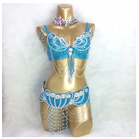 Imagen 2 del producto Ropa de espectáculo de danza escénica para chica, conjunto de traje de danza del vientre Sexy, sujetador + cinturón, 2 unid/set, ropa para fiesta y evento nocturno