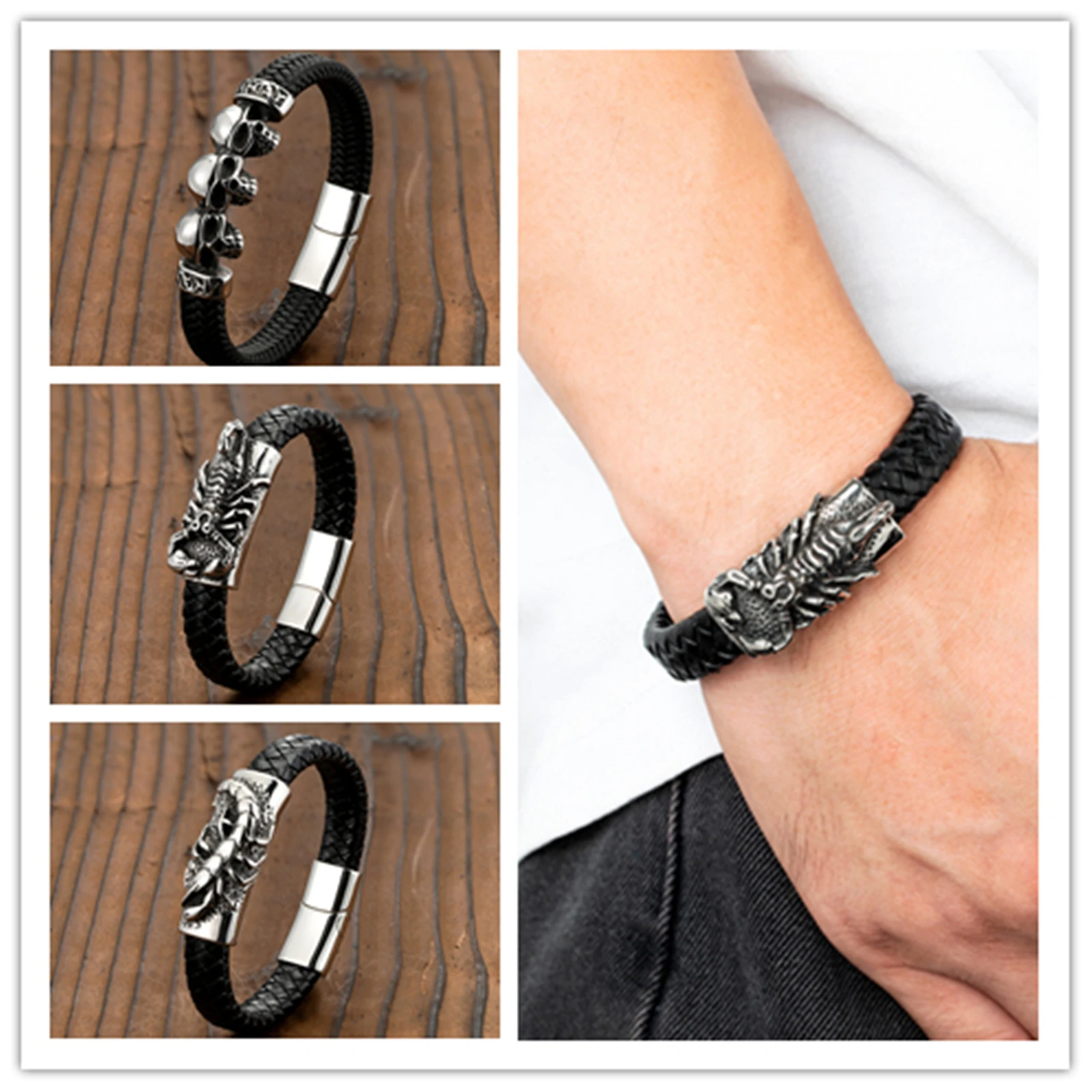 European and American Punk Style Three Ghost Head Scorpion Stainless Steel Men\'s Bracelet Microfiber Leather Rope Bracelet Gift