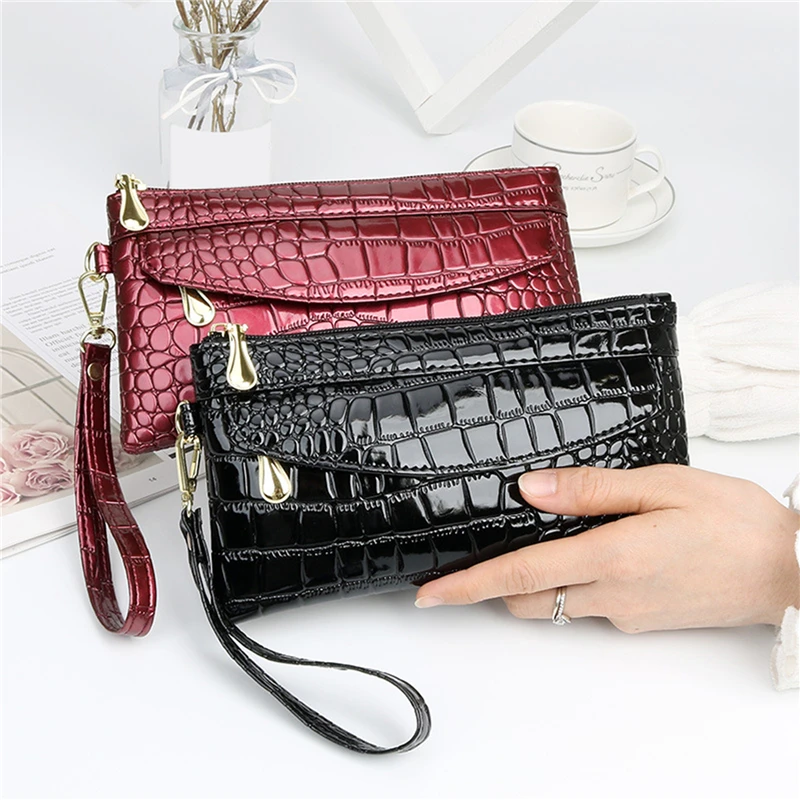 

Patent Leather Women's Wallets Fallow Long Ladies Double Zipper Wallet Clutch Bag Design Red Purse Crocodile Purses