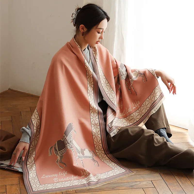 New Woman Fashion European And American Style Horse Pattern Printing Cashmere Shawl Multifunction Warm Scarf Gift