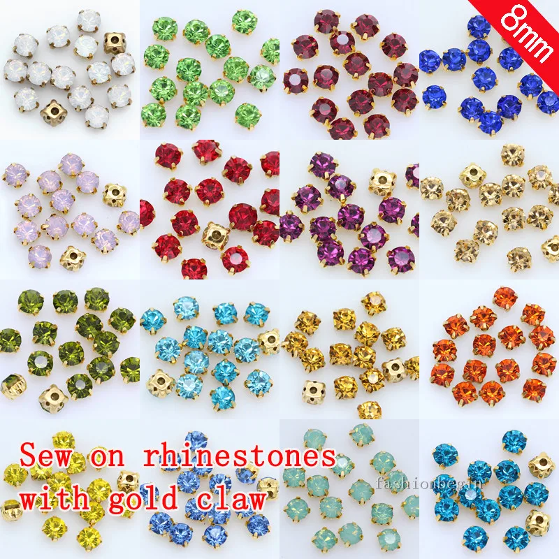 36p 8mm color Sew on crystal glass Rhinestone Diamante jewels Silver Cup Claw Montees 4-holes Sewing Stone Beads craft clothes