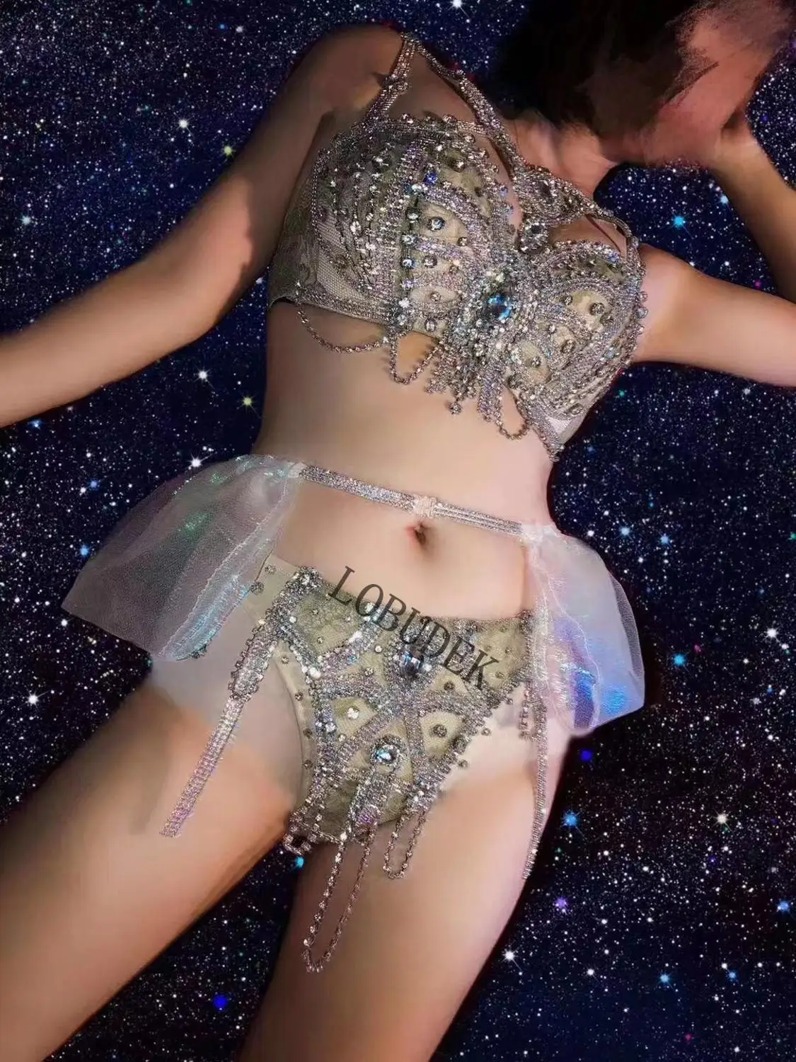섹시 나이트클럽 DJ 폴댄스 비키니 의상 실버 라인스톤 체인 브라 쇼츠 스커트 레이브 의상 페스티벌 의류