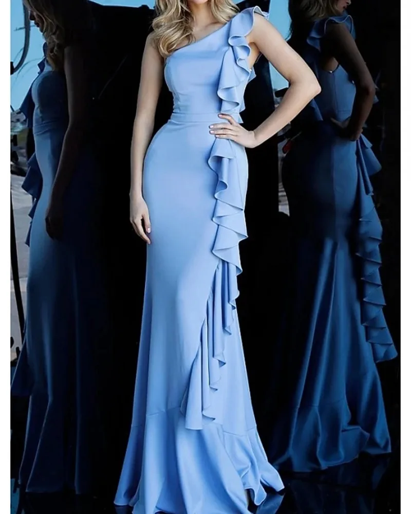 Vintage Sky Blue Mermaid Engagement Formal Evening Dress One Shoulder Ruffles Sleeveless Sweep Train Prom Gowns Abendkleider