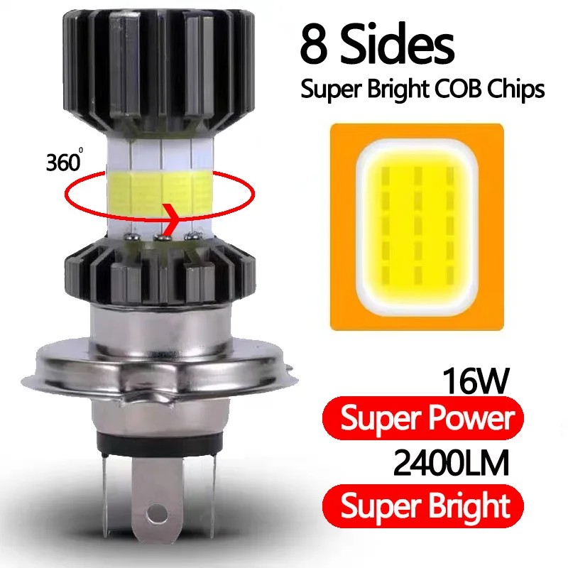 H4 LED Moto H6 BA20D LED Motorcycle Headlight Bulbs 8 Sides COB White 6000K Hi Lo Lamp Scooter Accessories Fog Lights 12V