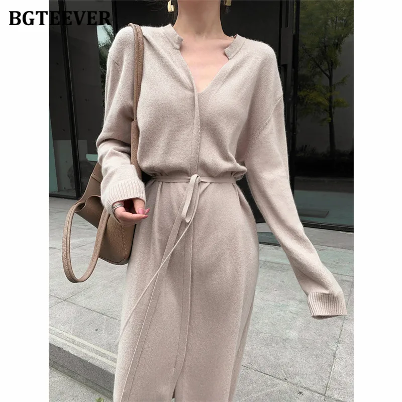 BGTEEVER Vintage Women Knitted Dress Autumn Winter Brief V-neck Warm Drawstring Lace-up Loose Midi Female Sweater Dress 2020