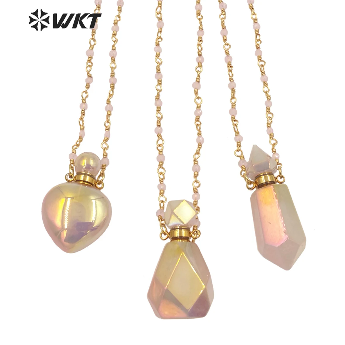 

WT-N1331 Ins Hot Amazing Gorgeous Pink Quartz with Aura Perfume Bottle Necklace Essencial Oil Stone Bottle Pink Crystal Fashion