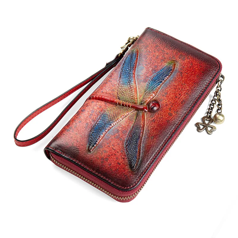 

New Retro Handmade Embossing Genuine Leather Luxury Hand Wallet Vintage Dragonfly Purse Women's Long Wallet Women Clutch Bag