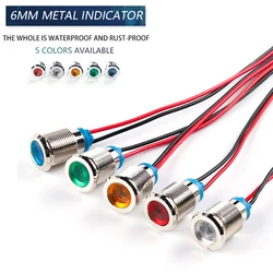 6Mm Led Waterdichte Metalen Lampje Signaal Lamp Met Draad 3V 6V 12V 24V 110V 220V Rood/Geel/Blauw/Groen/Wit Metalen Knop