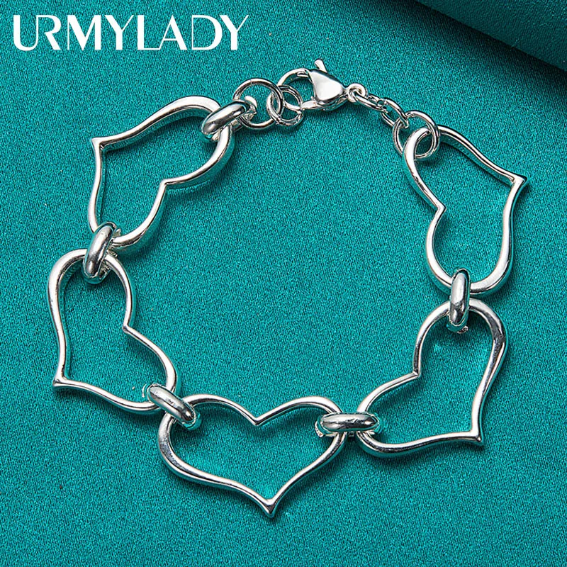 URMYLADY 925 Sterling Silver Big Heart Frame Chain Bracelet For Women Wedding Party Fashion Jewelry