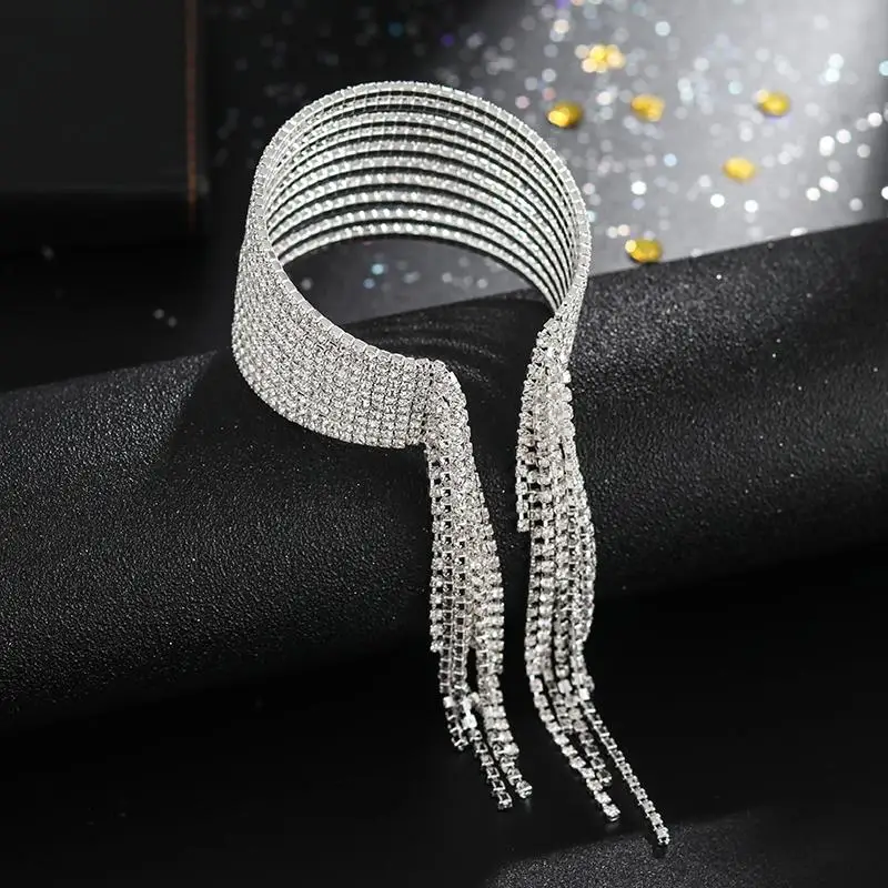 YFJEWE 10 Rows Rhinestone Bangle Bracelet Silver Plated Gold Color Metal Sparkly tassel Crystal Indian Bangles for Women B284