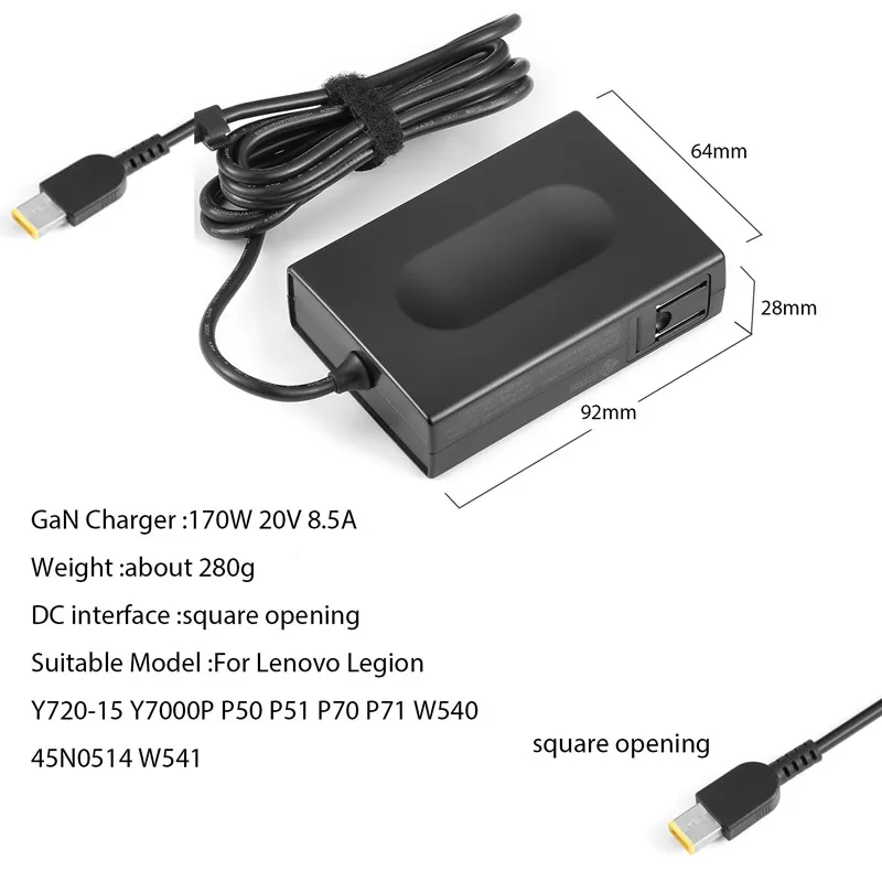 GaN 170W 20V 8.5A AC Adaptor for Lenovo Thinkpad Legion Y720-15 Y7000P P50 P51 P70 P71 W540 45N0514 W541 Portable Charger