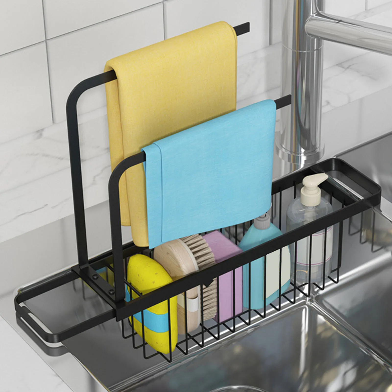 

Sink Drainer Rack Carbon Steel Telescopic Sink Sponge Soap Tray Holder Dish Cloth Organizer Ventilation Drainage For Kitchen