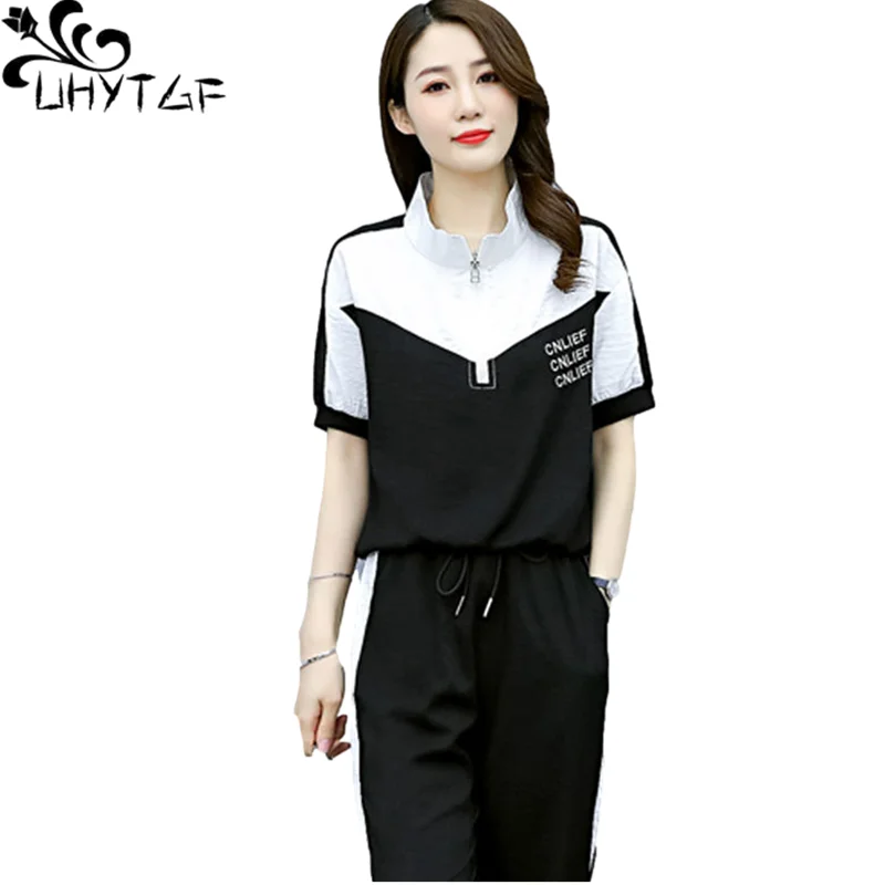 

UHYTGF 2021 New Summer Suit Women's Fashion Stitching Casual Sports Female Outfit Short Sleeve 3XL Big Size Two-Piece Sets 2102