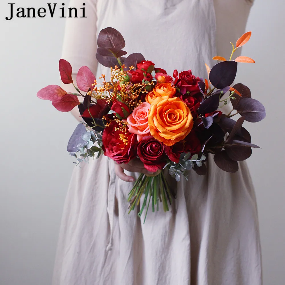 Janevini-ヴィンテージの人工シルクブライダルフラワーブーケ、偽のバラ、ヨーロッパの足の結婚式の花