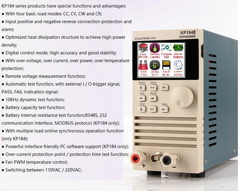 KP184E 150V 40A 400W LCD Display RS485 CC CV CR Digital Control DC Electronic load Tester Single Channel Battery Test