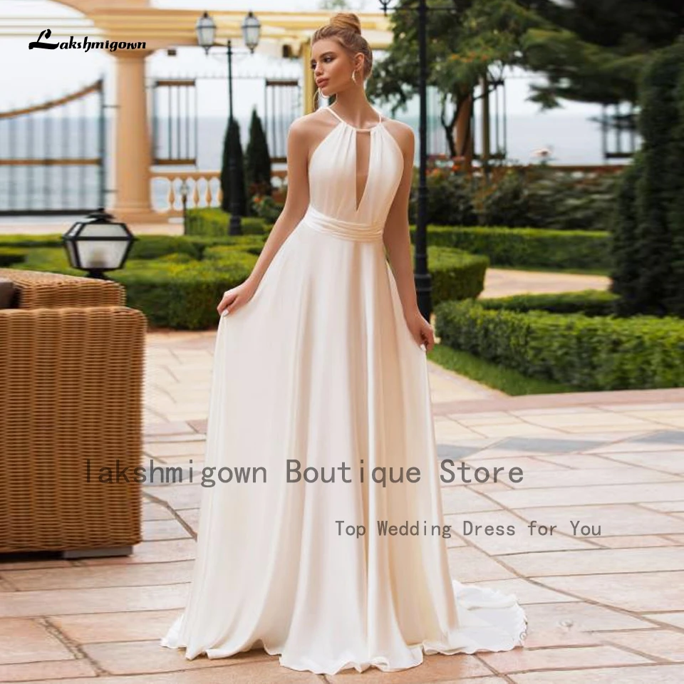 

Lakshmigown Halter Satin A Line Wedding Dress Elegant Reception Dress for Bridal 2022 Robe Mariage Civil Boho Wedding Dresses