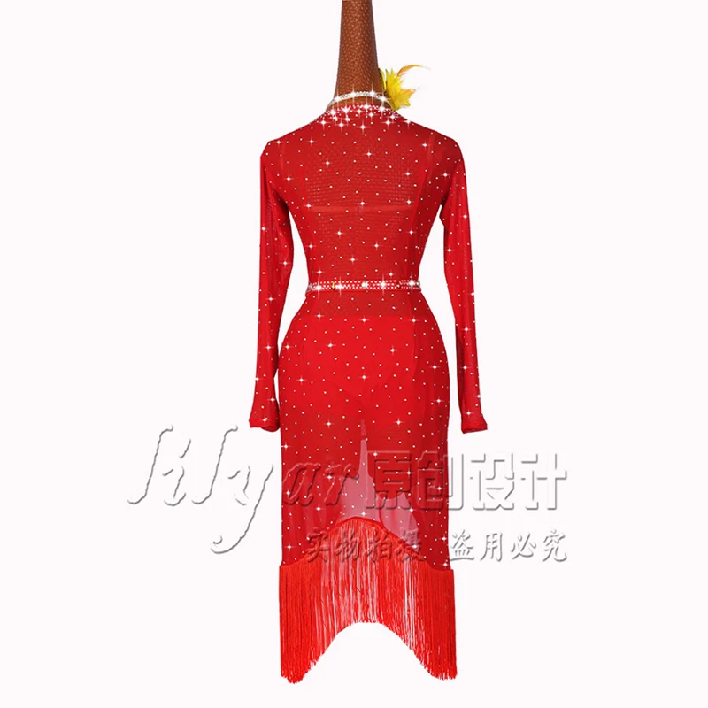 Latin Dance Dress Latin Skirt Competition Dress Costumes Performing Dress Practice Skirt Customize Adult Kids Lady Red Mesh New