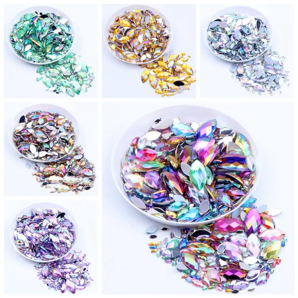 Acrylic Flat Back Rhinestone Many Sizes Many AB Colors Marquise Earth Facets Glue On Beads Dress Scrapbooking DIY Jewelry Nails