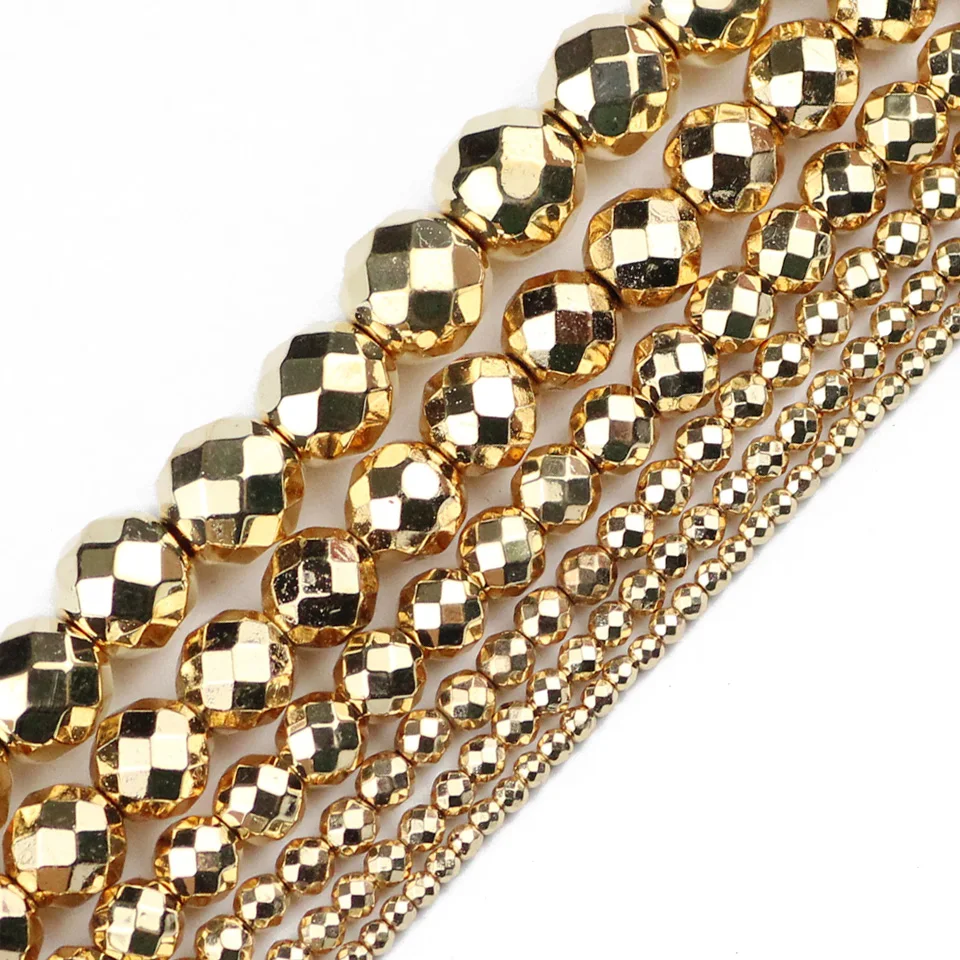 YHBZRET Faceted Hematite beads Gold Color Natural Stone 2/3/4/6/8/10mm Round Loose beads Jewelry Making bracelet DIY Accessories