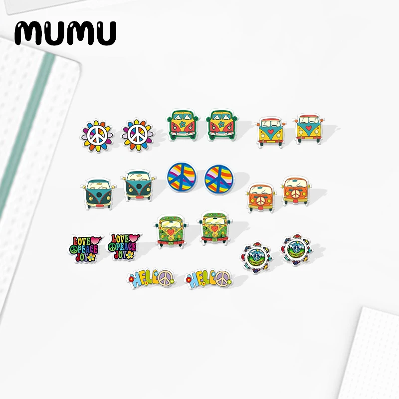 Pendientes de tuerca de amor de la paz, joyería acrílica de resina epoxi, artículos hechos a mano, Hippie Van Bus, novedad de 2020