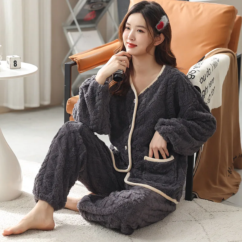 V-Neck Cardigan Flannel Women Pajama Set Autumn Winter Thick Warm Coral Fleece Sleepwear Homewear Female Peignoir Women Clothes