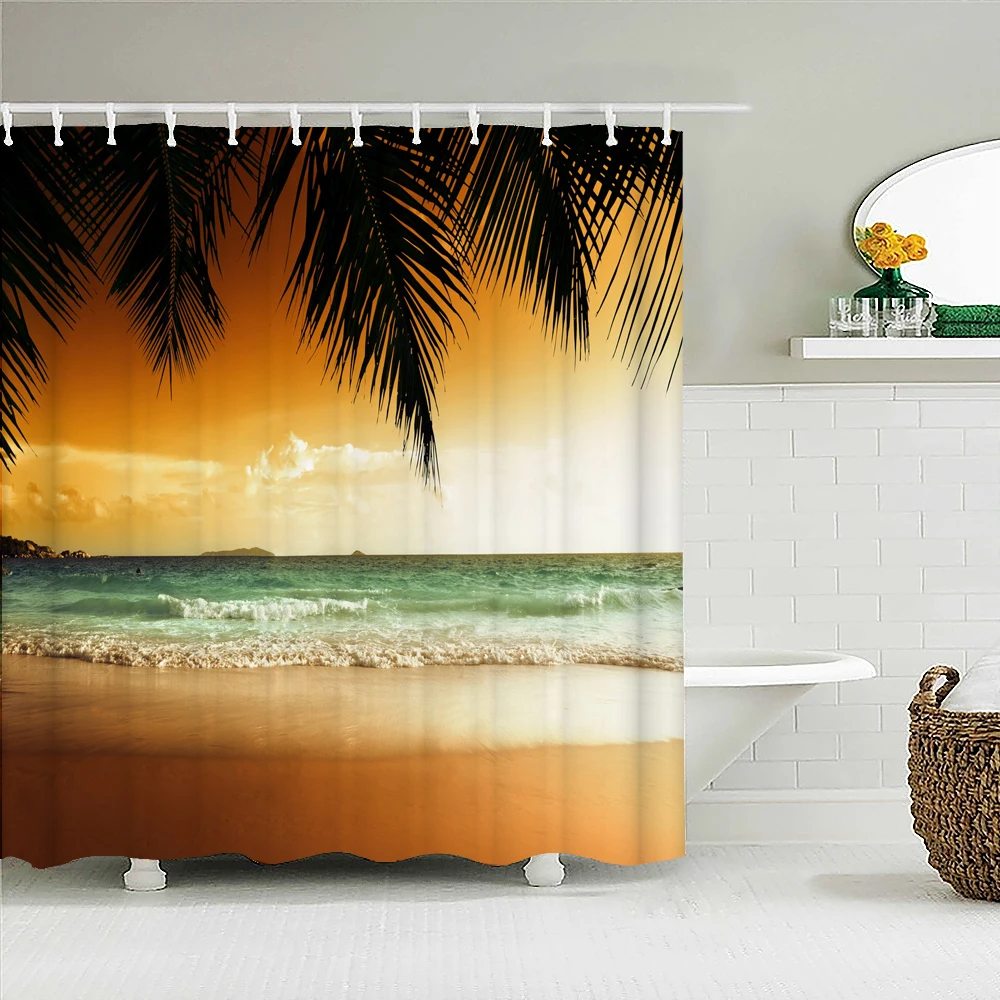 Sunset Dusk Beach Palm Tree Seaside Scenery Fabric Shower Curtain Waterproof Bath Curtains for Bathroom Decorate with 12 Hooks