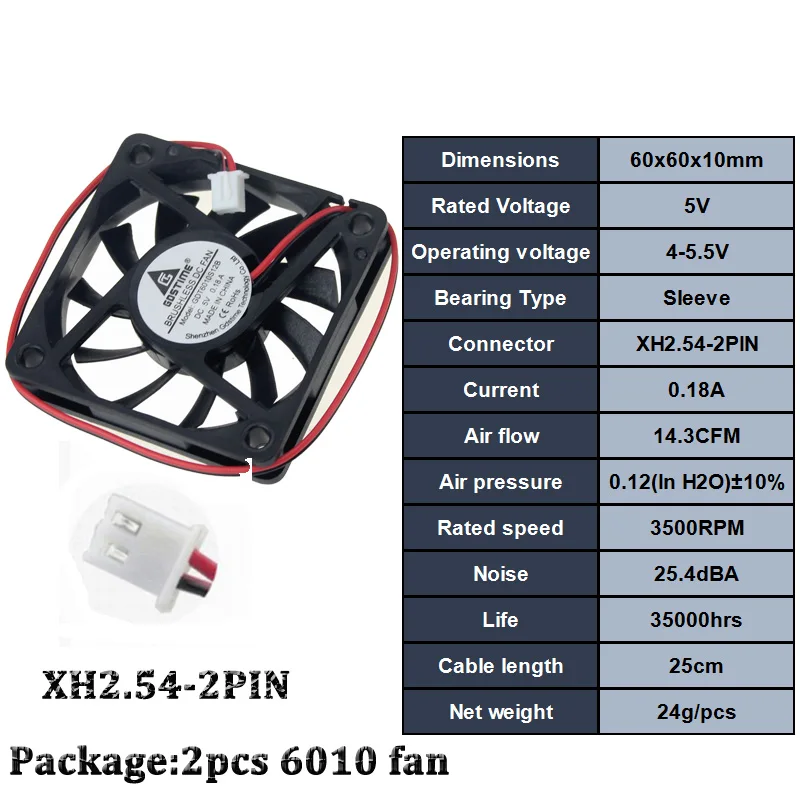 2PCS 60mm 5V Brushless 2PIN DC Cooler Fan 60x60x10mm 6010 2.5inch For Computer Case Cooling Fan